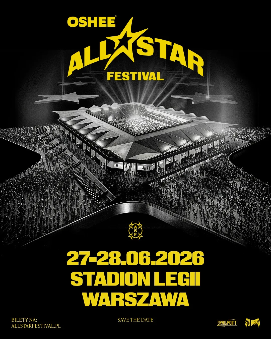 Plakat promujący Oshee All Star Festival 2026 na Stadionie Legii w Warszawie z datą 27-28 czerwca oraz informacją o biletach dostępnych online